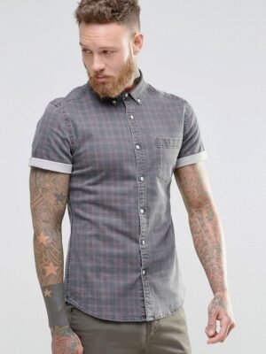 Fitted Style Gray Check Half Sleeves Shirt